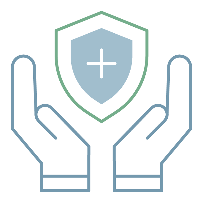 Icon graphic of two hands holding a protective badge